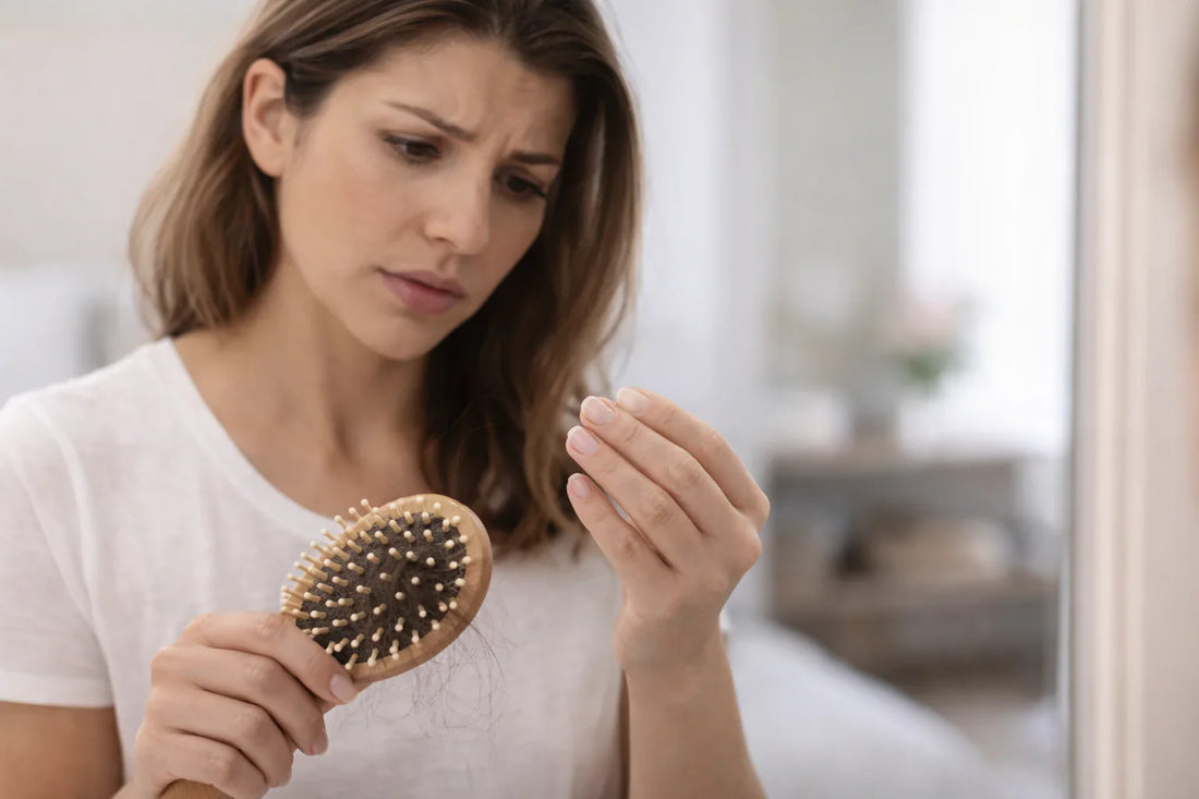 mulher em frente ao espelho observando unhas fracas e queda de cabelo