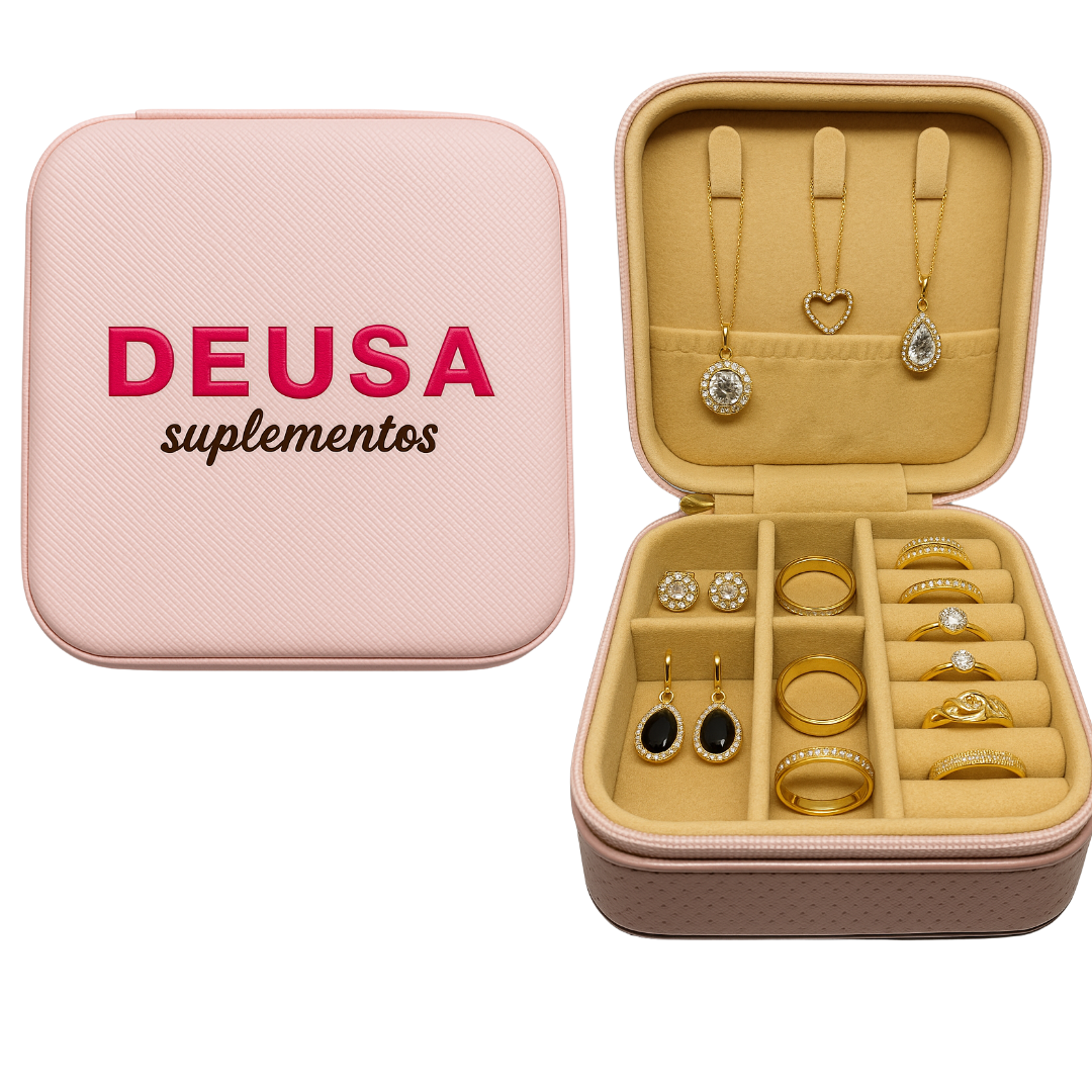 Mini porta joias rosa com logo deusa suplementos